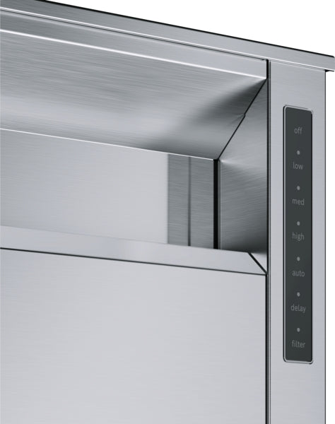 stainless steel downdraft ventilation panel with digital control settings in Bosch kitchen and appliances collection