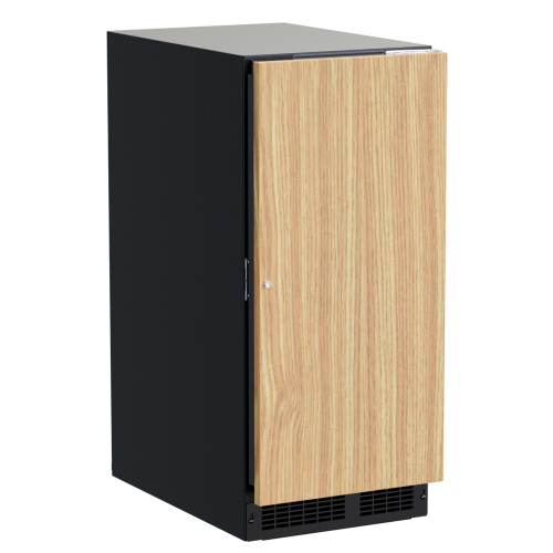 Compact built-in beverage cooler with wood-tone door, adjustable shelving, and dual-color interior lighting for kitchen appliances