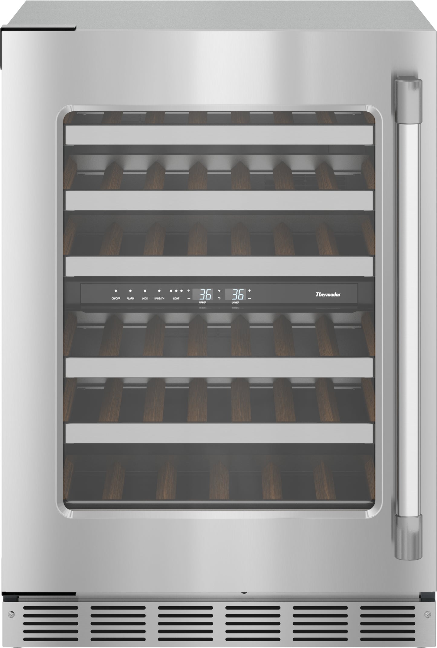 Under-counter wine cooler with glass door, stainless steel frame, wooden shelves, and digital temperature display from appliances collection