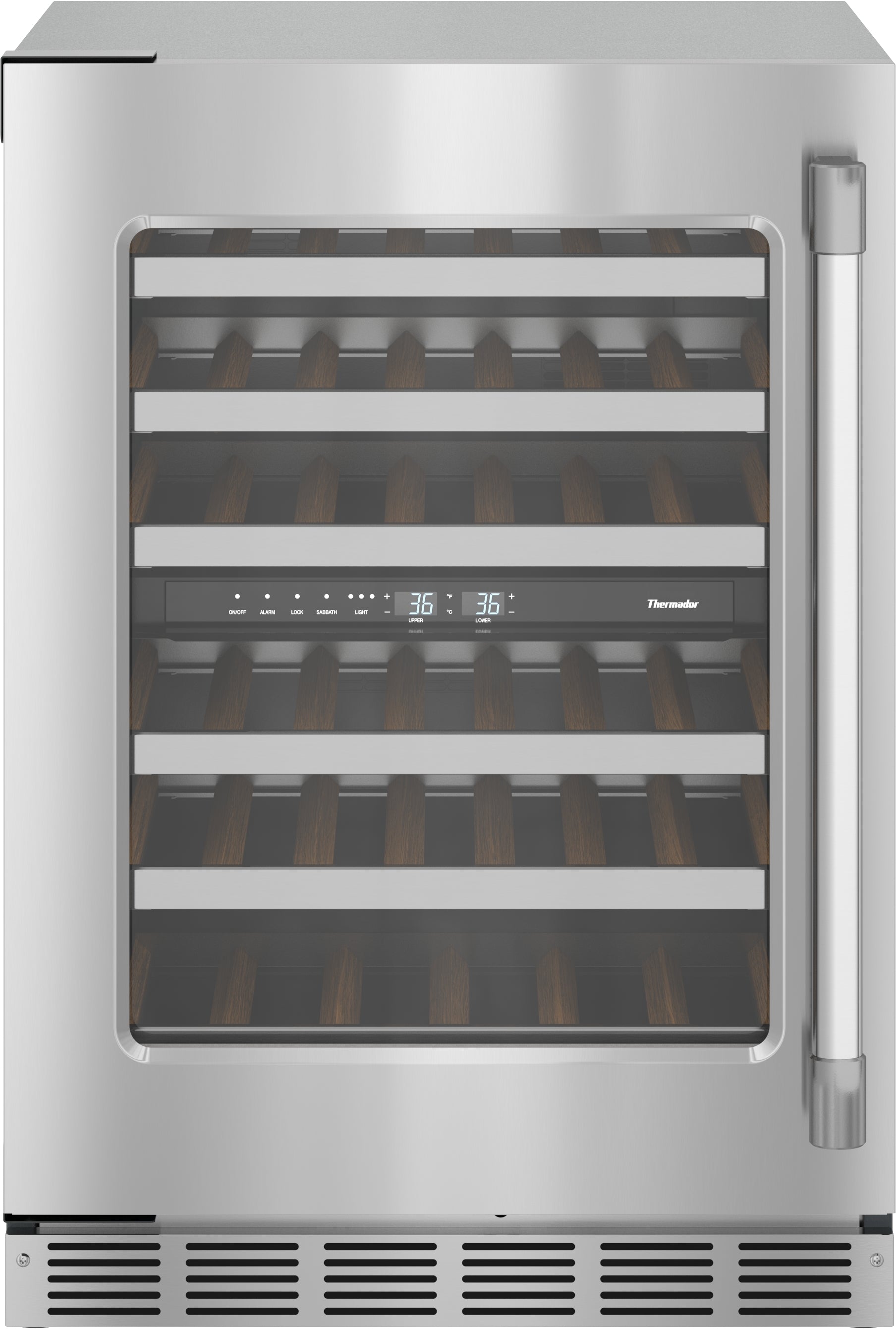 Under-counter wine cooler with glass door, stainless steel frame, wooden shelves, and digital temperature display from appliances collection