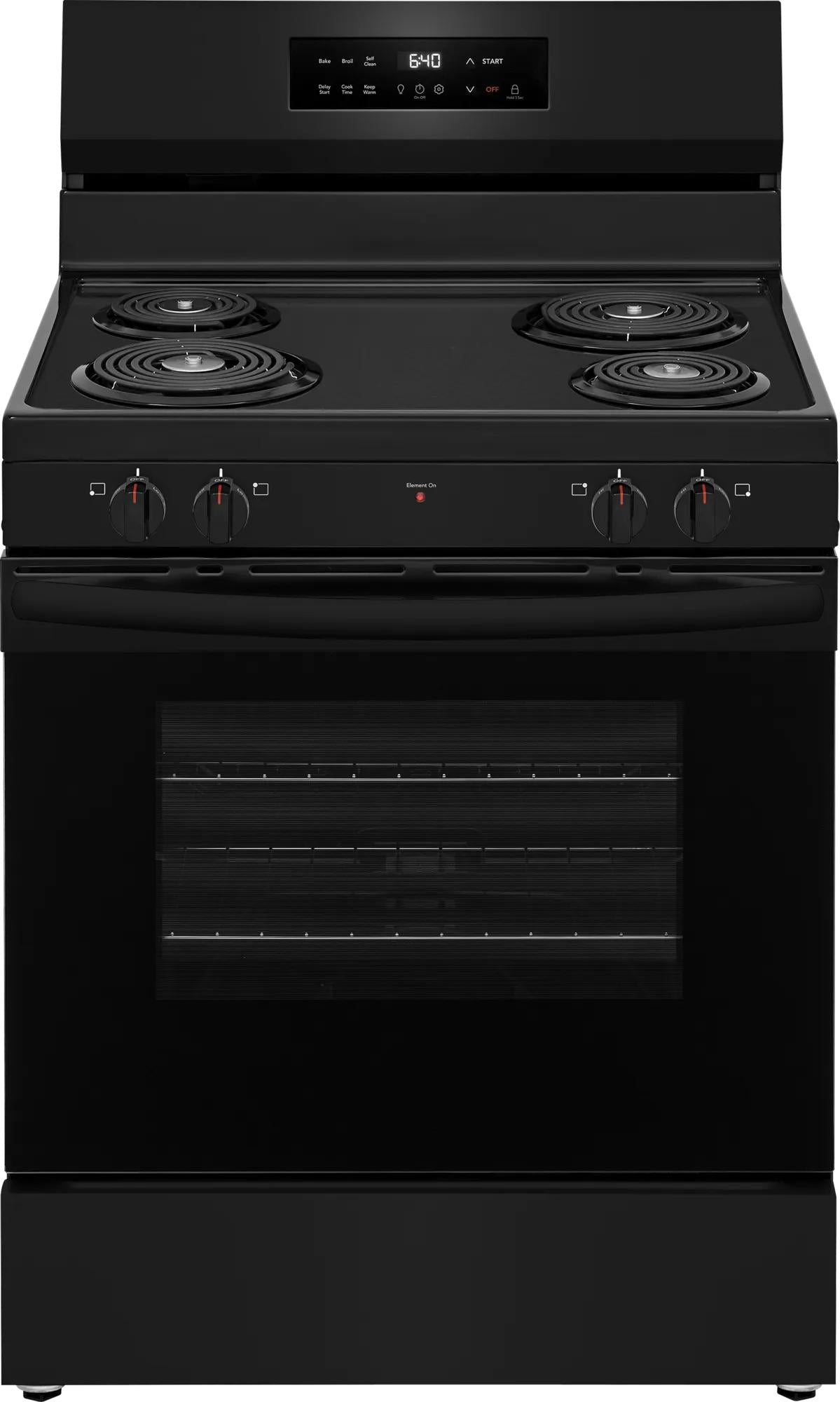 Freestanding black electric range with four coil burners, digital display, and glass oven door in kitchen appliances collection