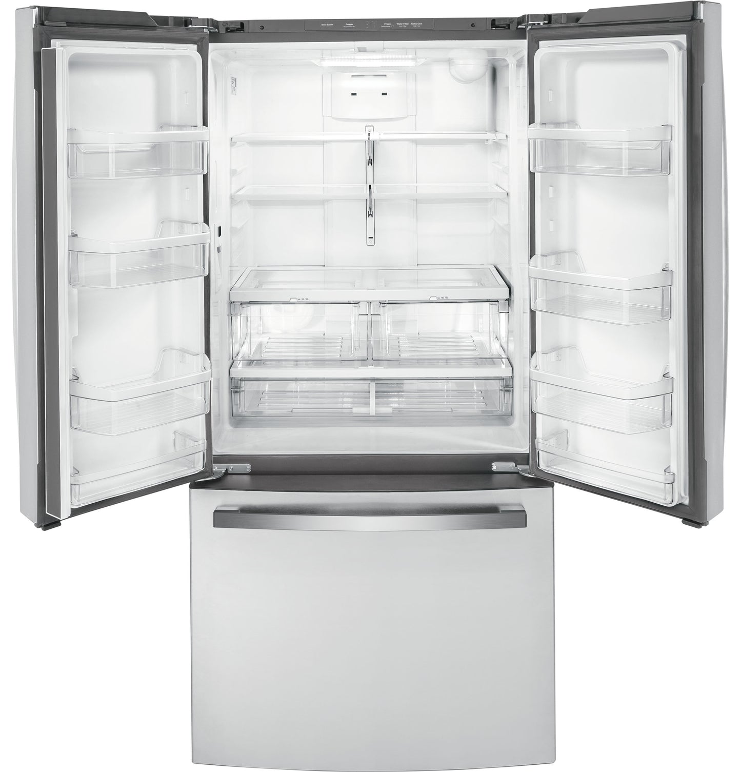 Open stainless steel French-door refrigerator with spacious adjustable shelves and bottom freezer drawer in appliance collections