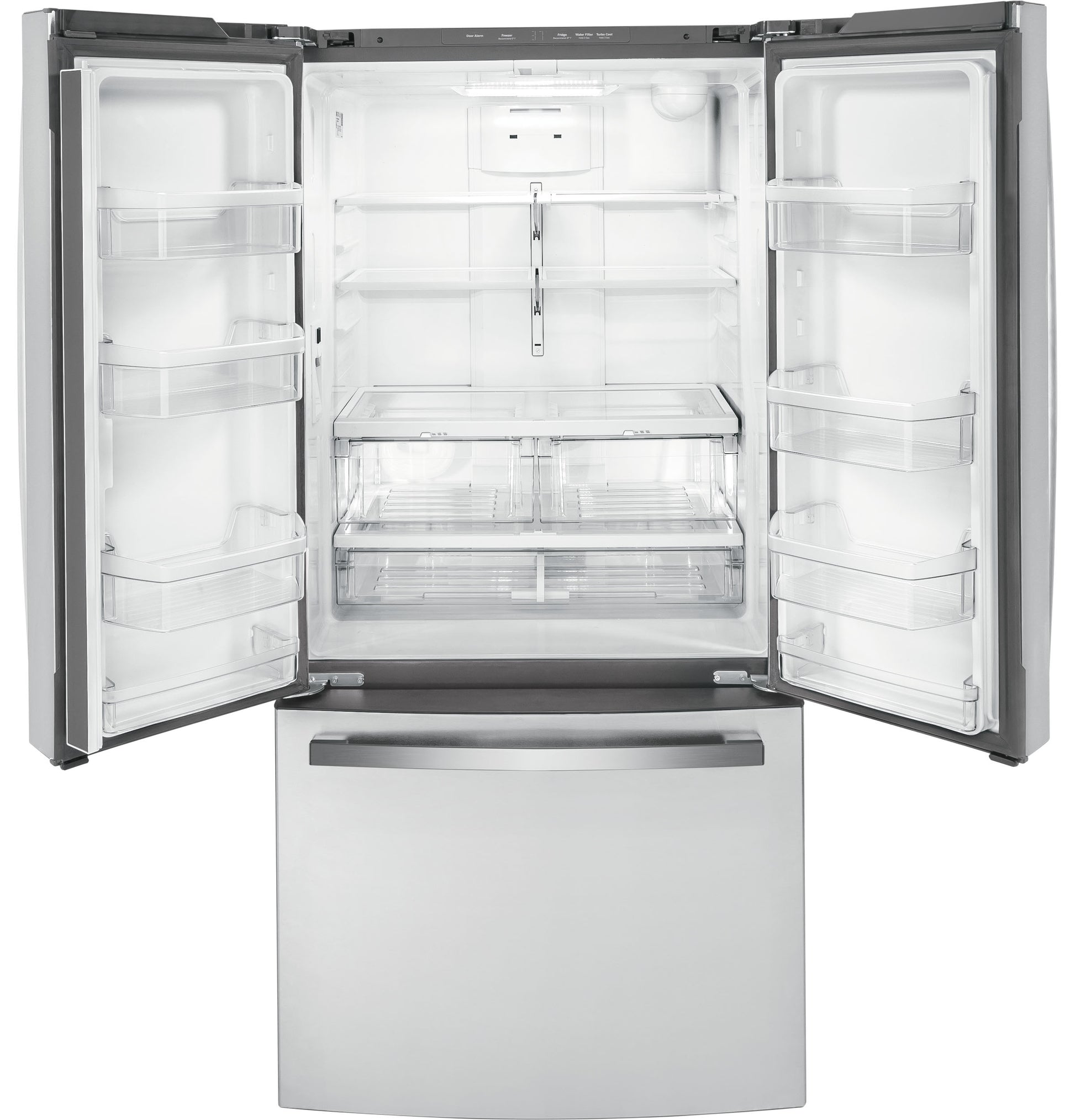 Open stainless steel French-door refrigerator with spacious adjustable shelves and bottom freezer drawer in appliance collections