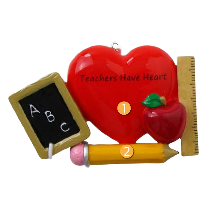 Red heart ornament with teacher-themed accents including apple, pencil, ruler, and chalkboard for Christmas decoration collection