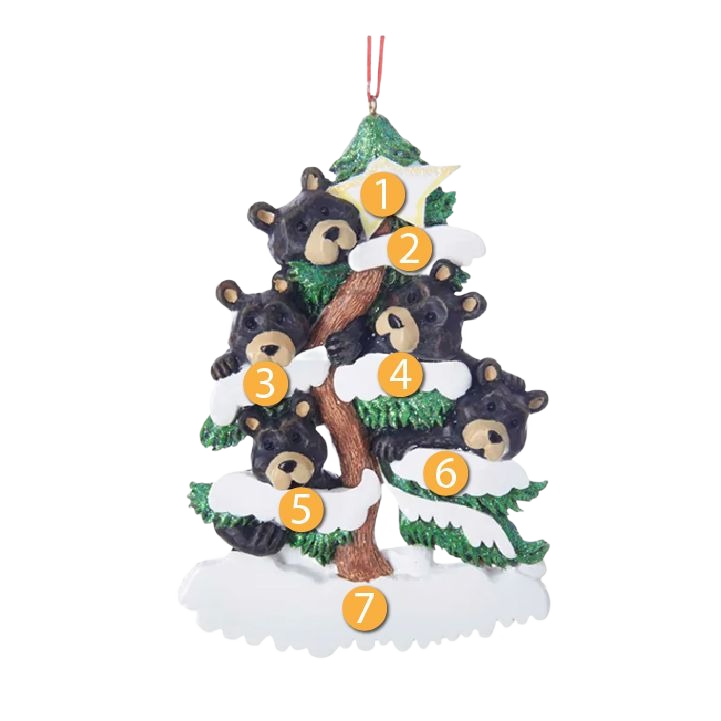 Decorative ornament featuring a black bear family of five on a snowy evergreen tree for Christmas collections