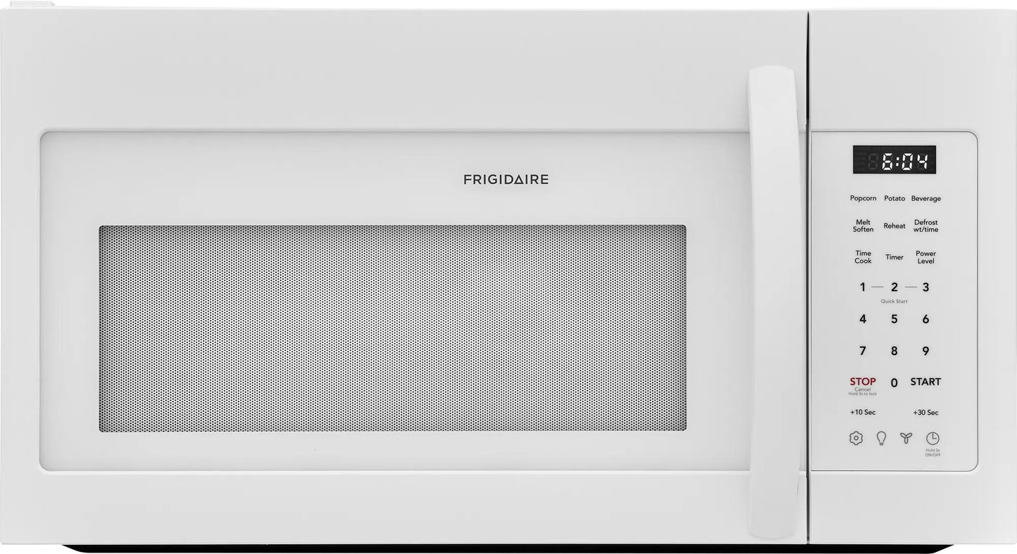 White over-the-range microwave with digital clock and control panel from kitchen appliance collection