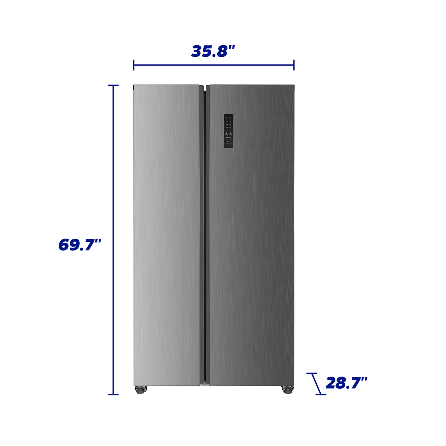 Stainless steel side-by-side refrigerator with digital control panel and compact counter-depth design, part of side-by-side refrigerators and kitchen appliances collections.