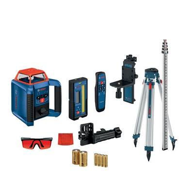 Self-leveling rotary laser kit with tripod, laser receiver, remote control, leveling rod, and safety glasses for home improvement tasks