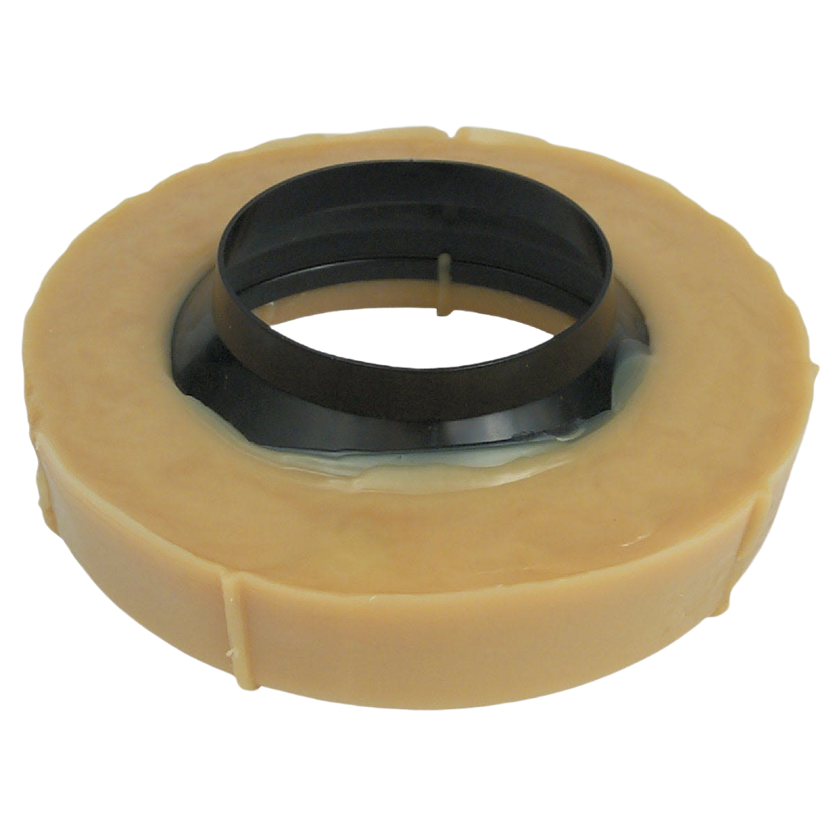 Urethane reinforced wax ring gasket with black plastic flange for plumbing and toilet repair parts collections