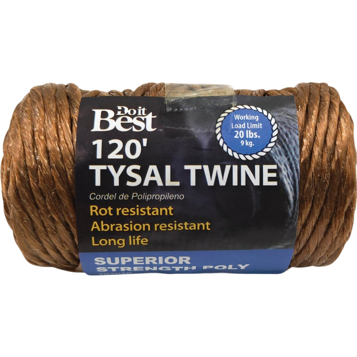 Brown polypropylene twine roll with 120 feet length, rot and abrasion resistant for home improvement tasks