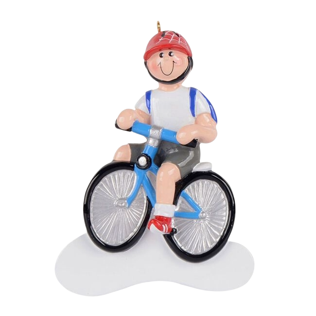 Personalized Christmas ornament featuring a boy riding a blue bike in festive décor under $50 collection