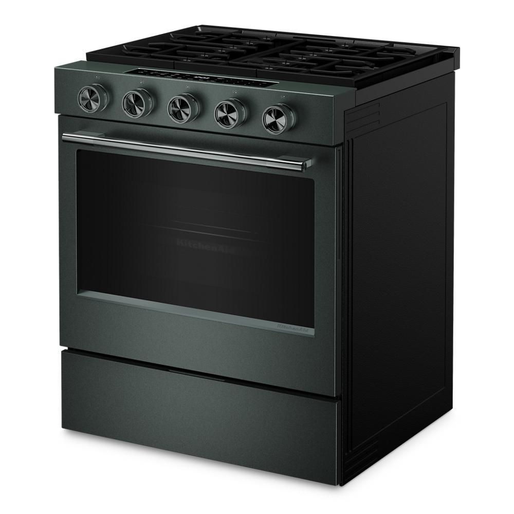 Matte green 30-inch smart slide-in gas range with five round control knobs, convection oven, and large window, part of Kitchen & Kitchenware, Appliances collections.