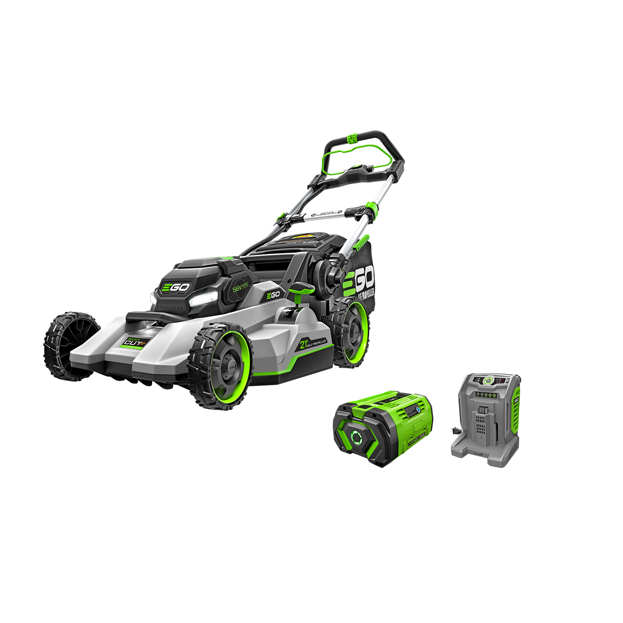 Cordless self-propelled lawn mower with 21-inch cutting deck, battery, and charger for outdoor power equipment tasks
