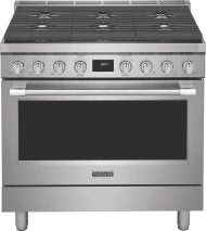 Stainless steel 36" dual-fuel freestanding range with six burners and digital control from kitchen appliances collection