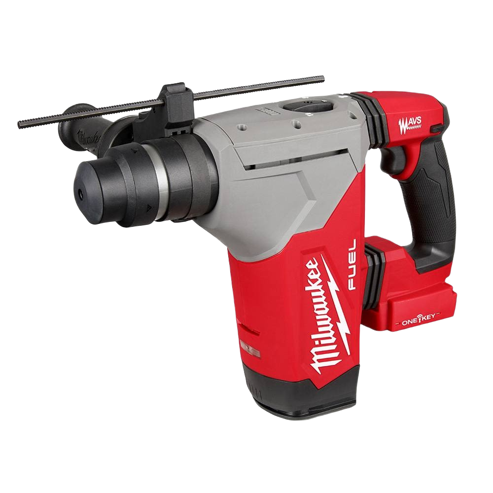 Cordless rotary hammer drill in red and gray with ergonomic grip and depth gauge for precise drilling tasks