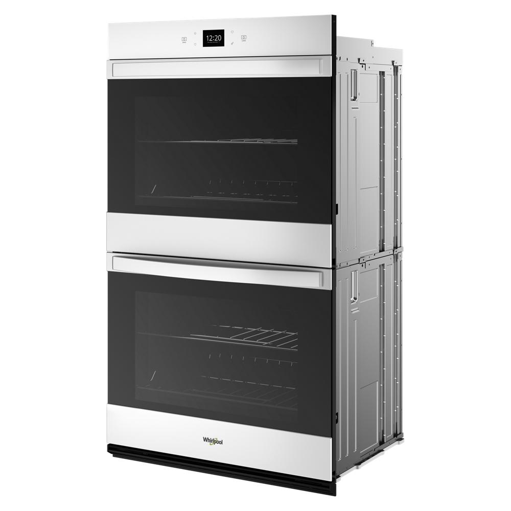 Stainless steel double wall oven with digital display and black glass doors in kitchen appliances at Hartville Hardware