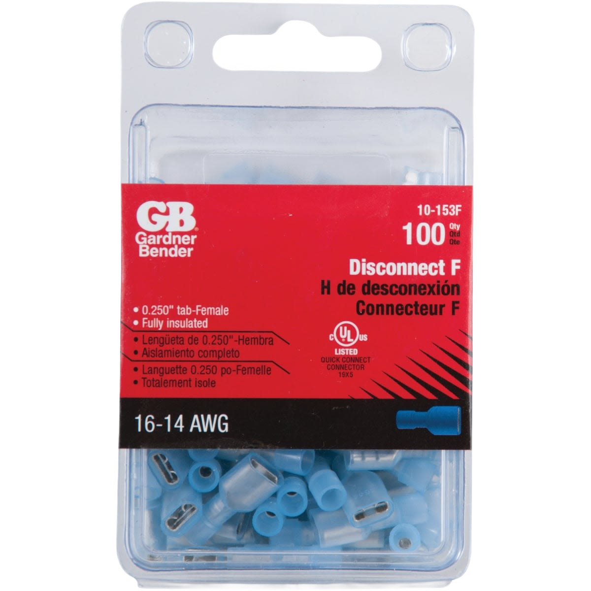 Plastic case with 100 blue fully-insulated female disconnects for 16-14 AWG wires in electrical tool collections