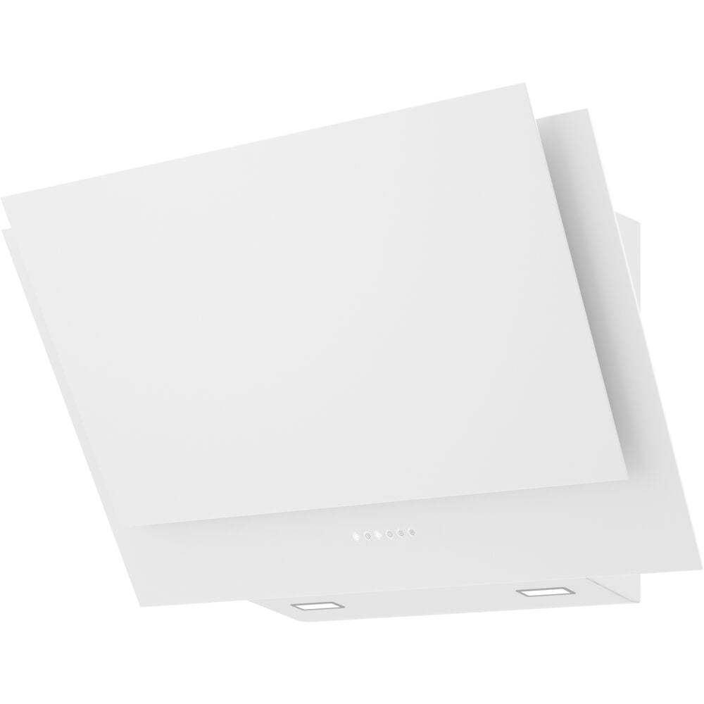 White modern wall mount range hood with smooth surface and integrated LED lighting for kitchen and home improvement
