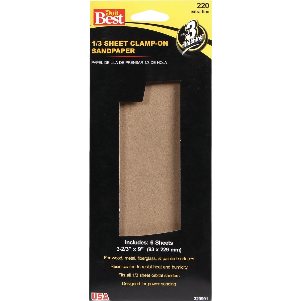 Package of extra fine 220-grit clamp-on sandpaper sheets for wood, metal, and painted surfaces in sanding supplies under $50 collections