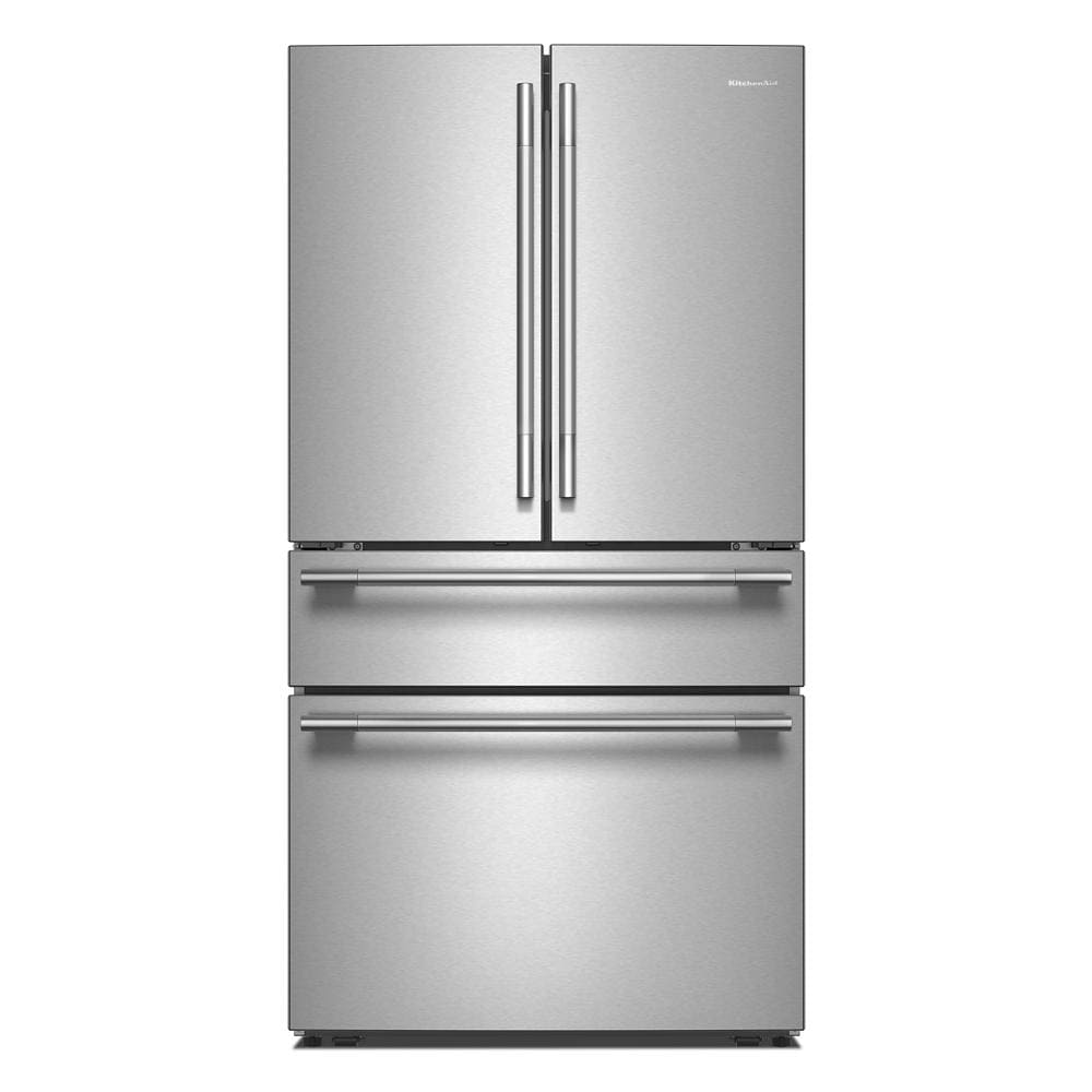 30 cu. ft. stainless steel French door refrigerator with dual drawers and sleek vertical handles in KitchenAid appliances collection