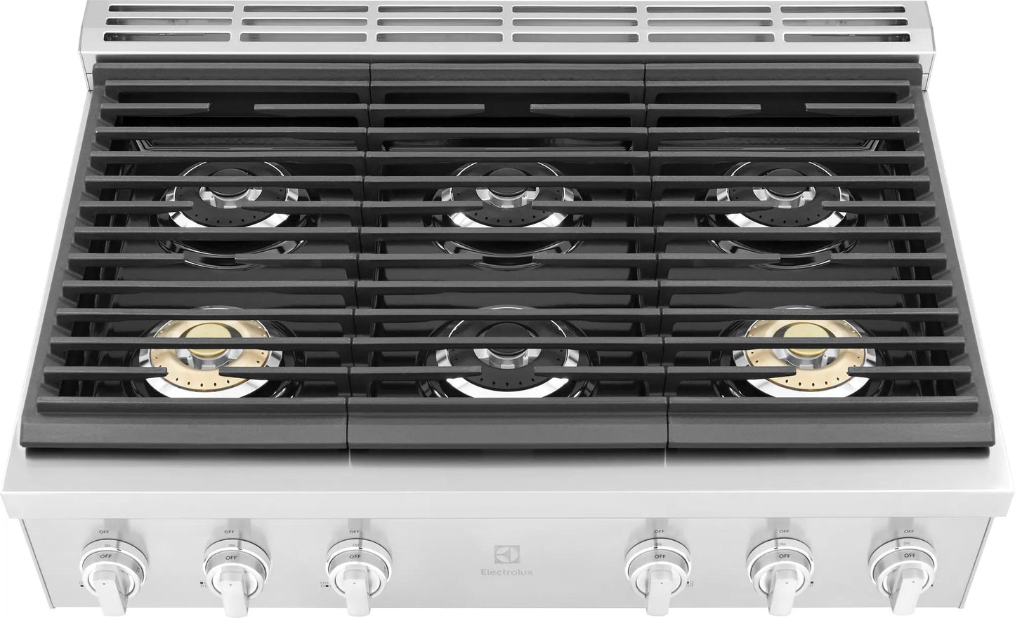 Stainless steel 36-inch gas rangetop with six burners including two brass burners, part of Gas Cooktops collection