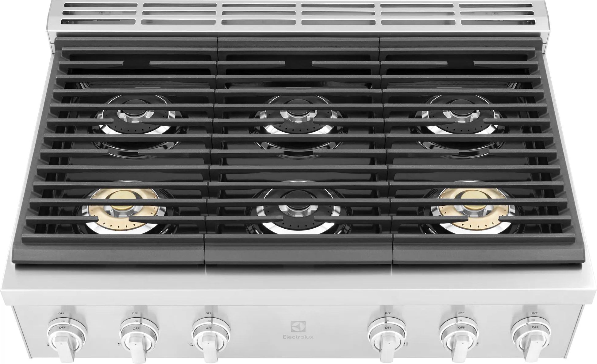 Stainless steel 36-inch gas rangetop with six burners including two brass burners, part of Gas Cooktops collection