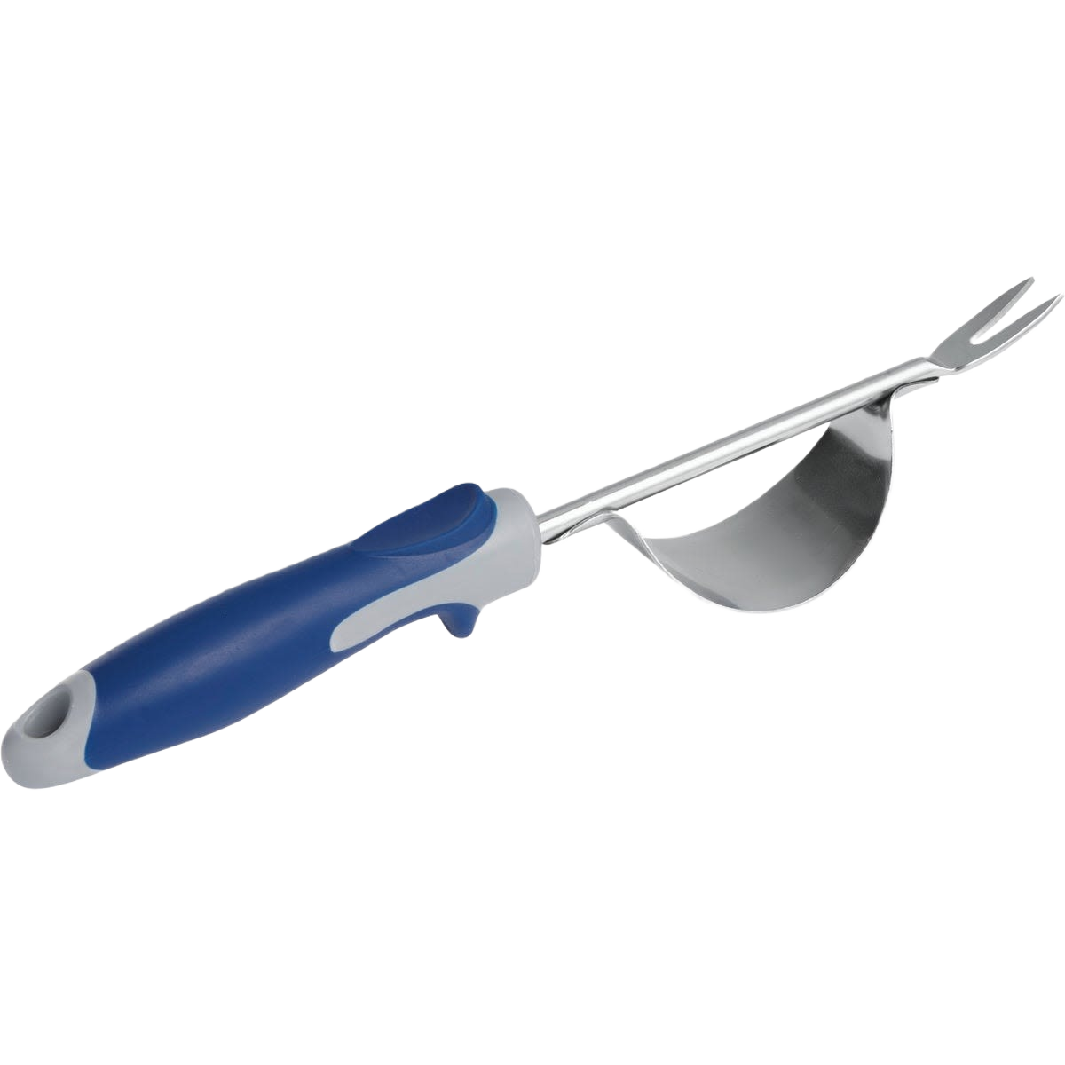 Chrome-plated hand weeder with blue ergonomic handle and fulcrum for easy weed removal in garden tools collections