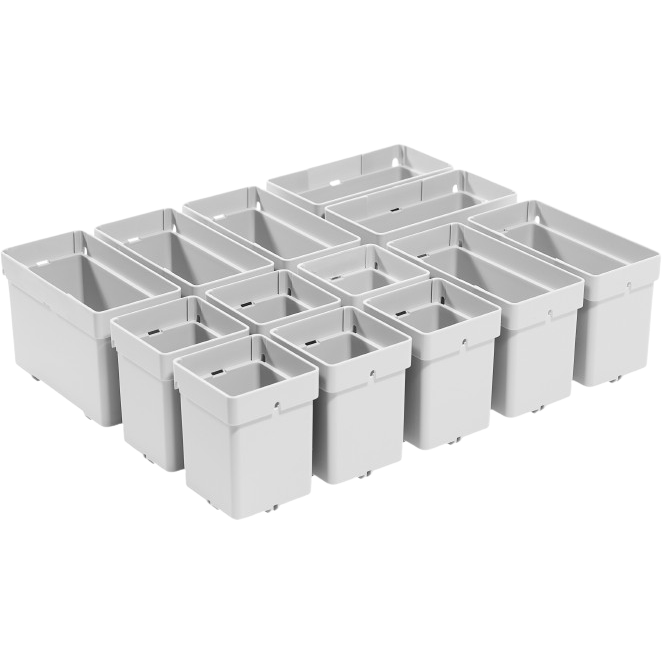 Set of plastic storage containers in two sizes for workshop organization and tool storage accessories collection