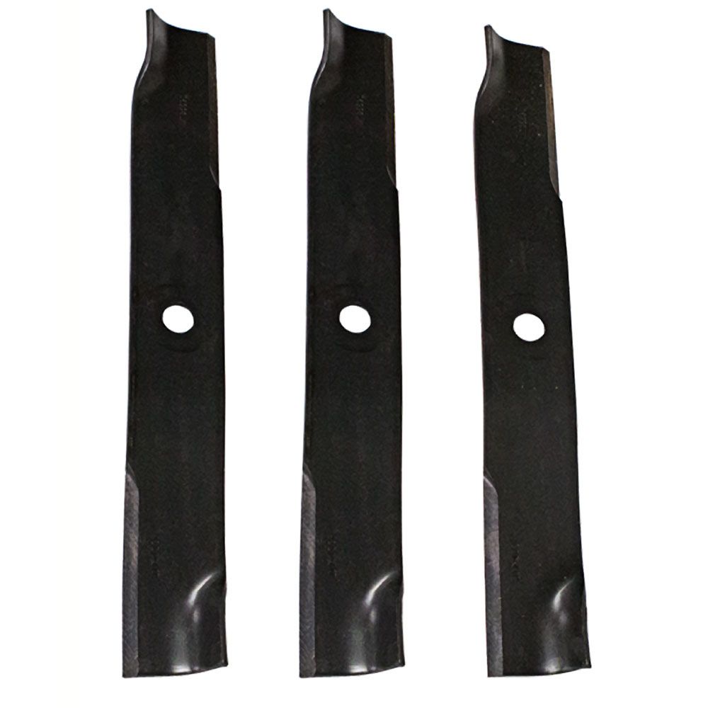 Set of three high lift mower blades with central mounting holes for lawn mower deck replacement in parts and lubricants collection