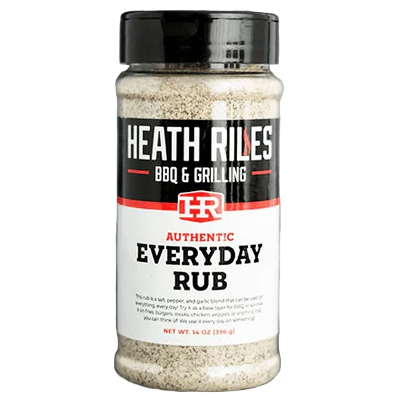Clear plastic bottle of Heath Riles Everyday Rub seasoning with black lid, ideal for grilling and outdoor living under $50