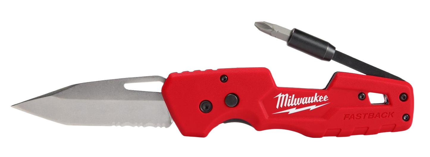 Red folding knife with stainless steel blade and press-flip mechanism for one-handed use in cutting and woodworking tools collection