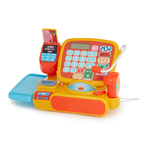 Brightly colored interactive toy cash register with keypad and card reader, part of Pretend Play Toys under $50 collection