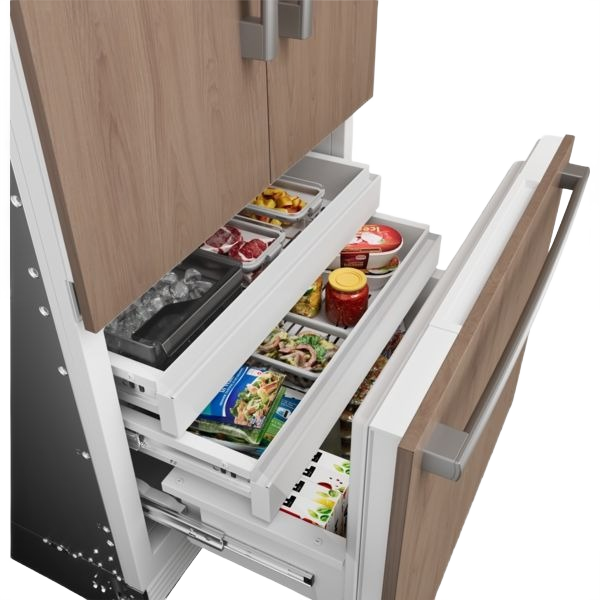 Open built-in bottom freezer drawer with wood panel doors and organized frozen groceries for kitchen storage