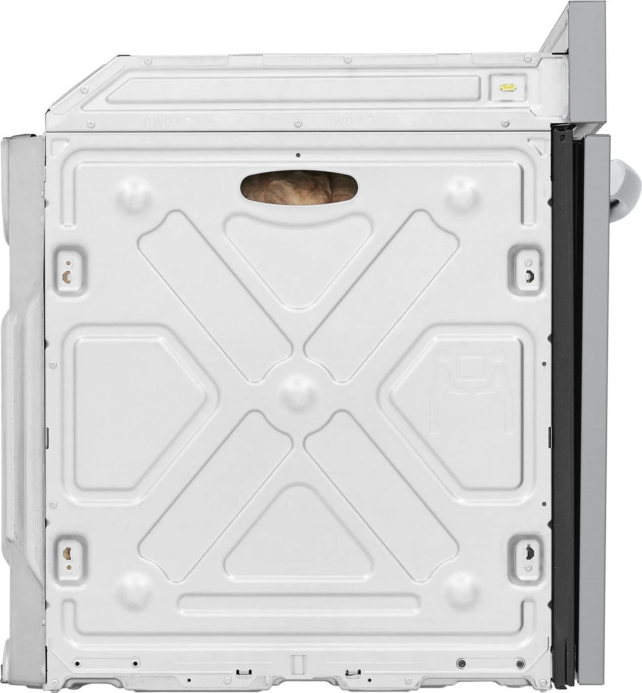 Side view of a 30" single electric wall oven with total convection showcasing metal construction for kitchen appliance installation