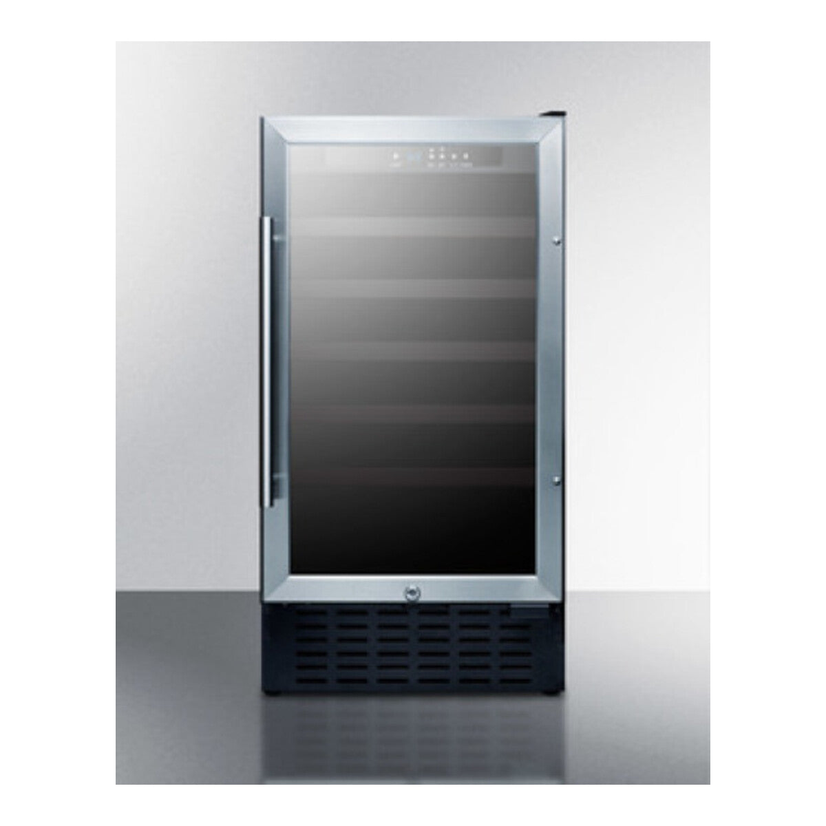 18" wide undercounter wine cellar with a T1 low-E mirror finish tinted door