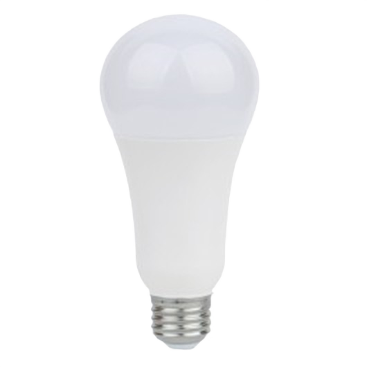 White A21 LED light bulb with medium base, offering versatile three-way brightness for home lighting and electrical use