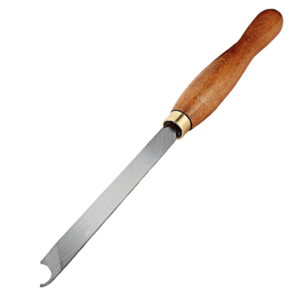 Hand tool with wooden handle and narrow metal blade featuring a curved notch for ring removal in home improvement tasks