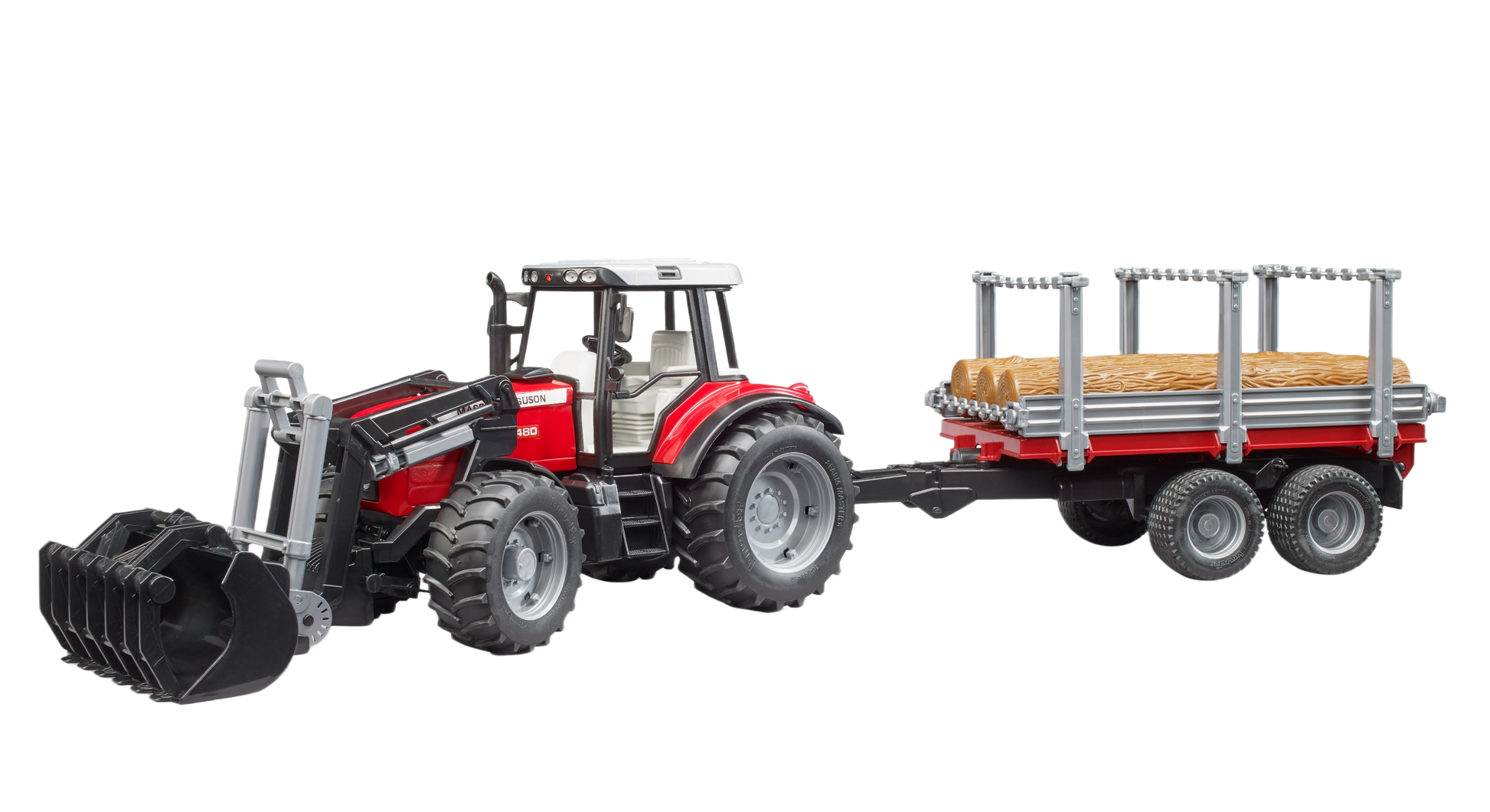 Red and gray Massey Ferguson toy tractor with front loader and trailer carrying logs in Bruder Toys collection under $100