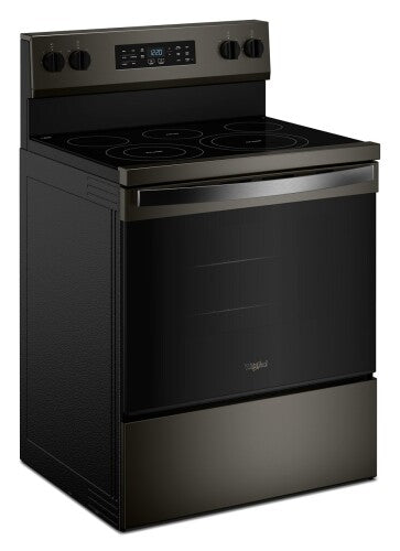30-inch black electric range with smooth glass cooktop, digital display, and Air Cooking Technology for home improvement use