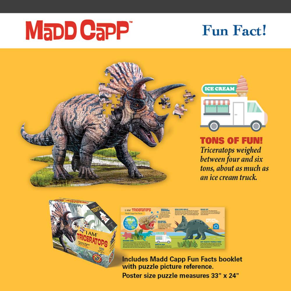 3D-style triceratops puzzle in progress with educational fun fact and boxed set with reference booklet and poster