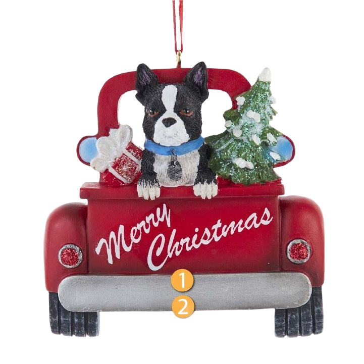 Festive Christmas ornament with Boston Terrier in red truck holding gift and decorated tree for holiday decor