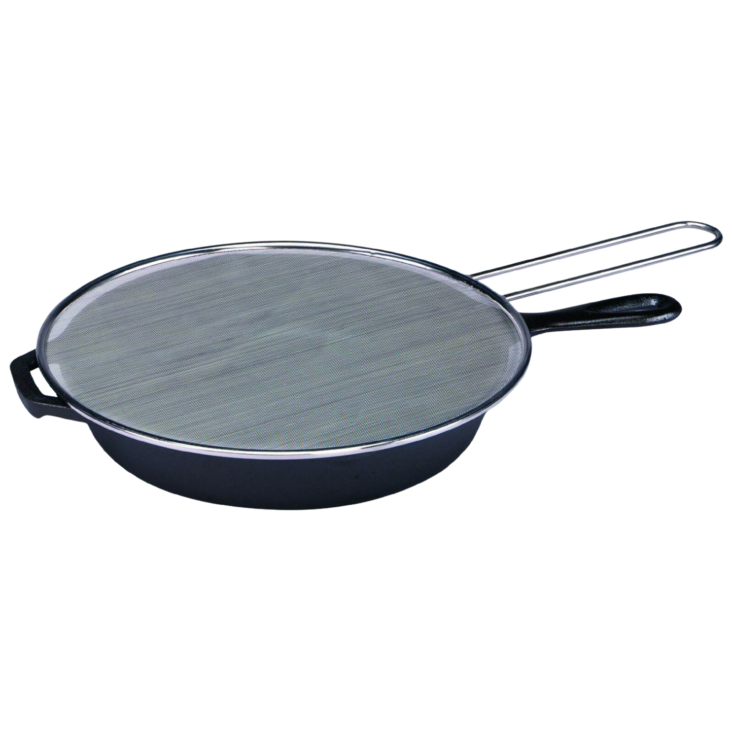 Stainless steel splatter screen with metal handle resting on black cast iron skillet in Kitchenware under $50 collection
