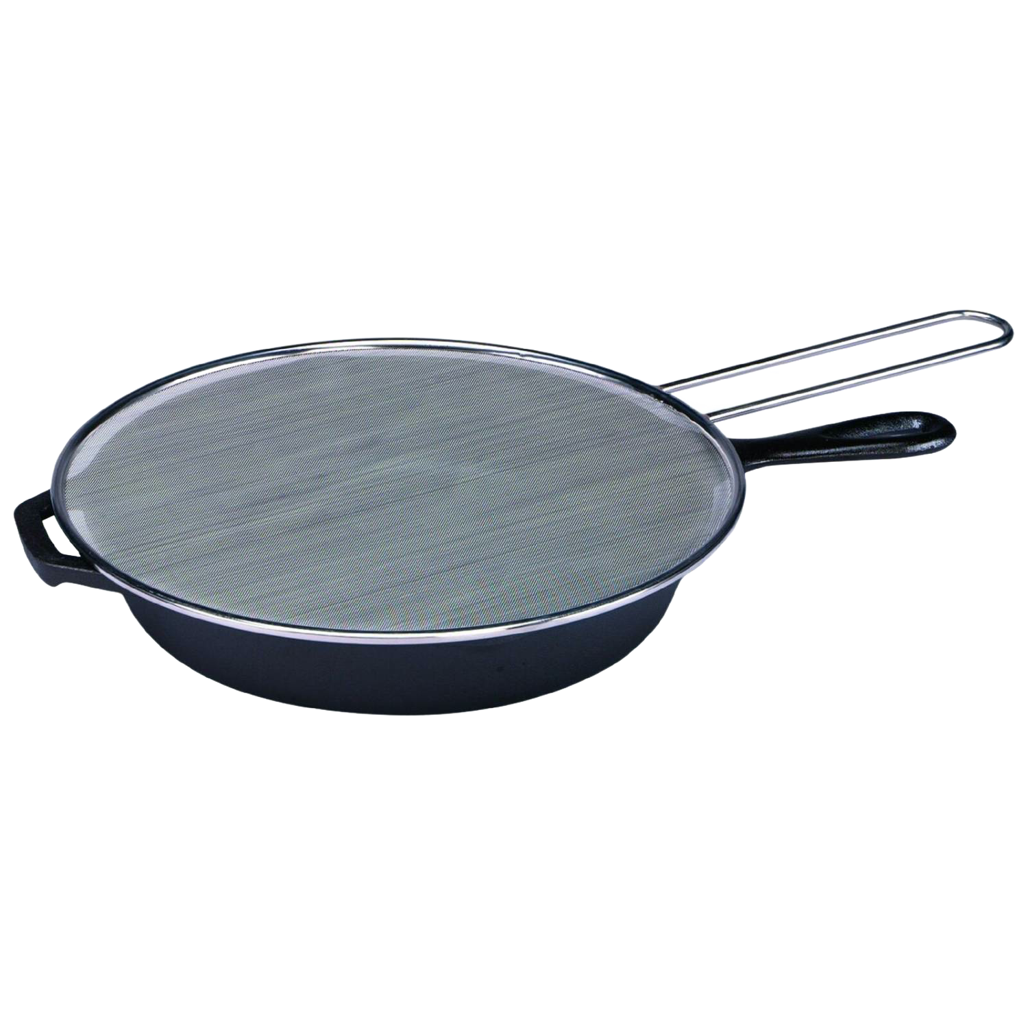 Stainless steel splatter screen with metal handle resting on black cast iron skillet in Kitchenware under $50 collection