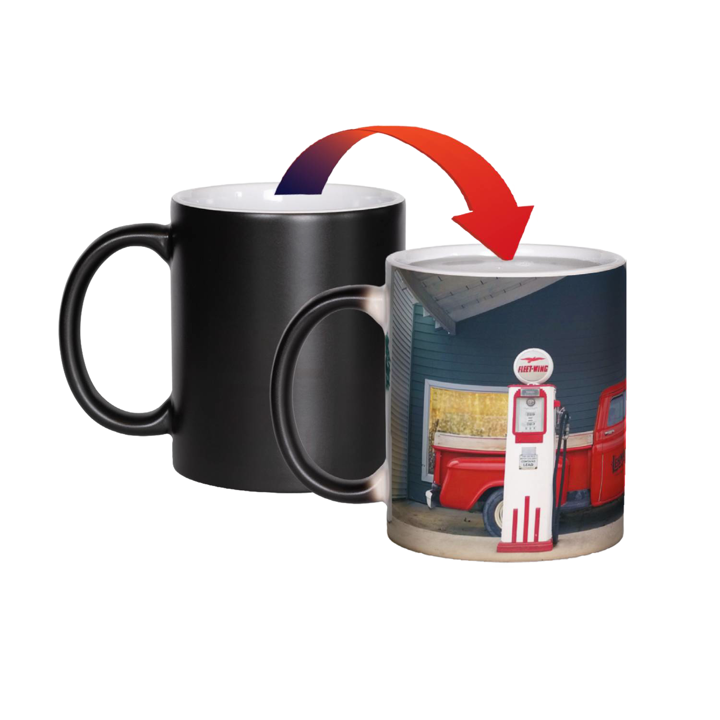 Black coffee mug revealing vintage gas pump and red truck scene for kitchenware and drinkware under $50 collection
