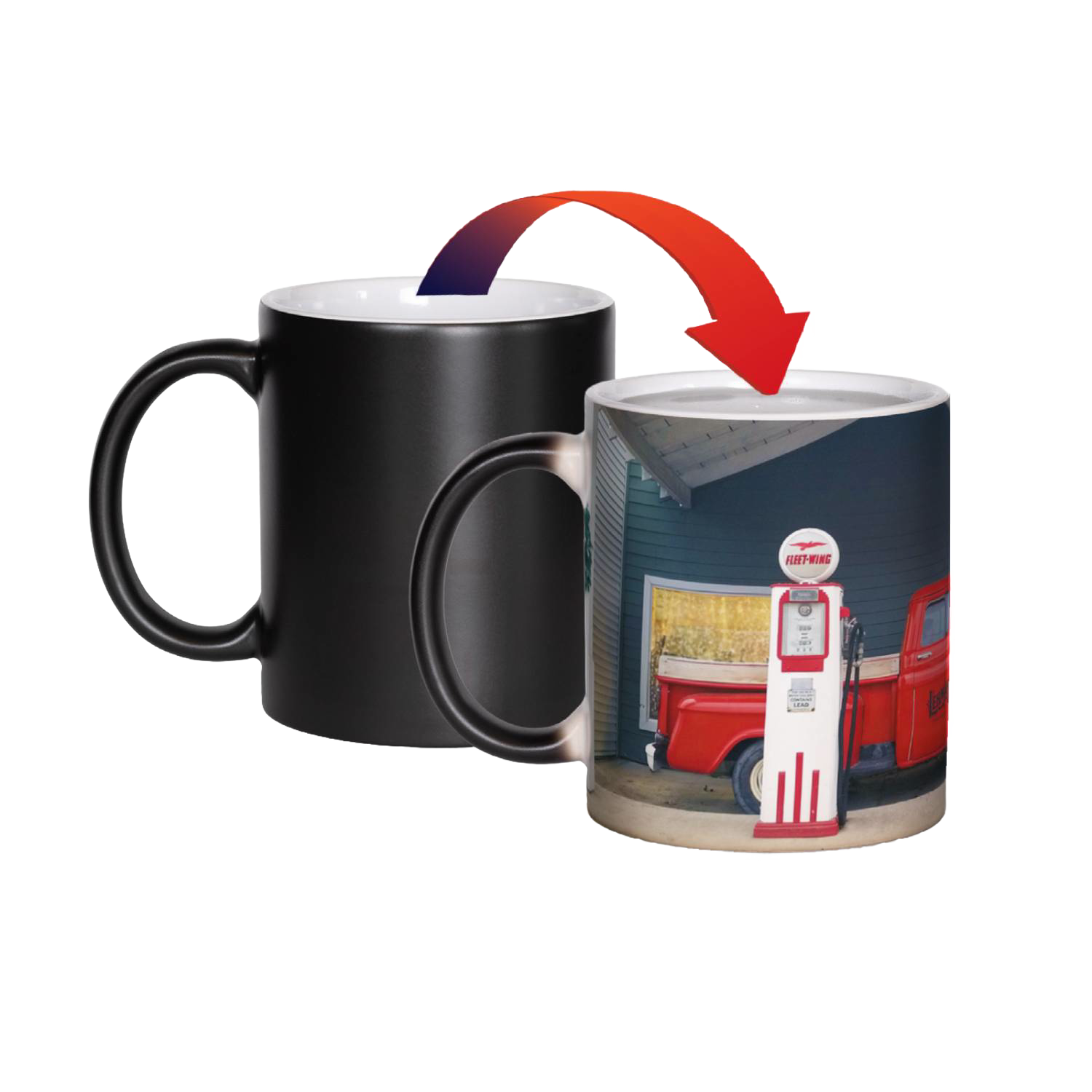 Black coffee mug revealing vintage gas pump and red truck scene for kitchenware and drinkware under $50 collection