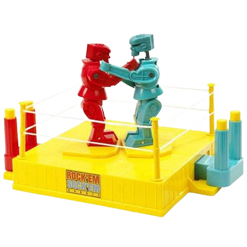 Classic fast-paced red and blue robot fighters in a yellow boxing ring toy from board games and toys collection under $50