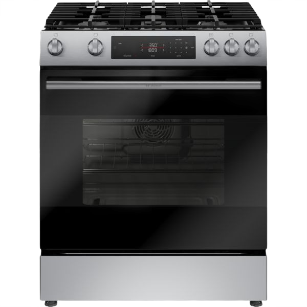 Freestanding stainless steel gas range with digital control panel and four burner knobs from Bosch Ranges collection