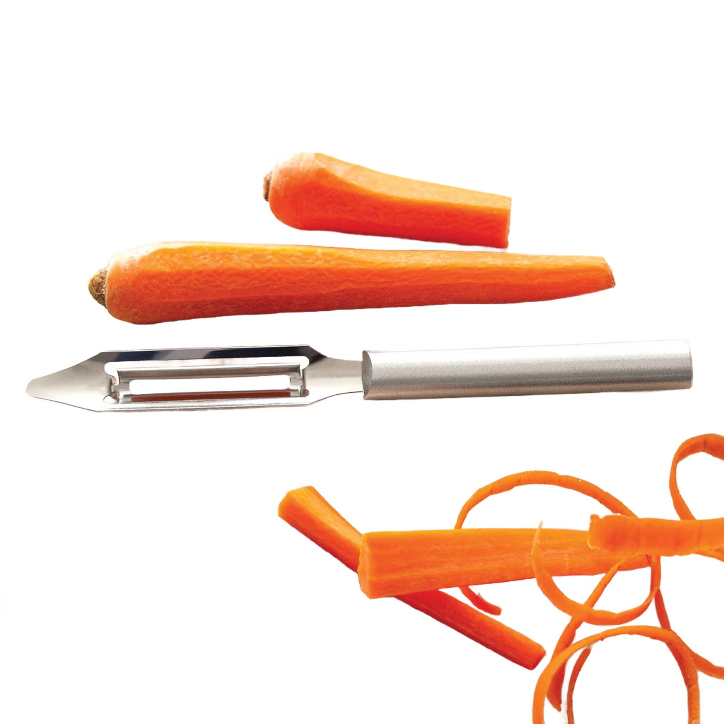 Stainless steel peeler with solid aluminum handle alongside peeled carrot and vegetable curls in Kitchenware collection