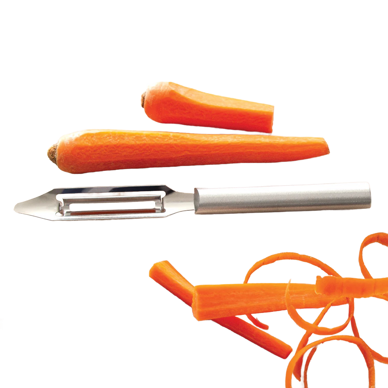 Stainless steel peeler with solid aluminum handle alongside peeled carrot and vegetable curls in Kitchenware collection