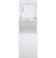 White stacked washer and gas dryer combo with stainless steel basket and multiple control dials, part of appliance laundry centers at Hartville Hardware.